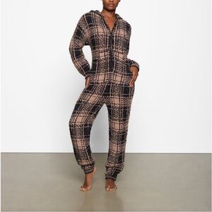 SKIMS Plaid Hooded Pajama Onesie - Black and Tan
